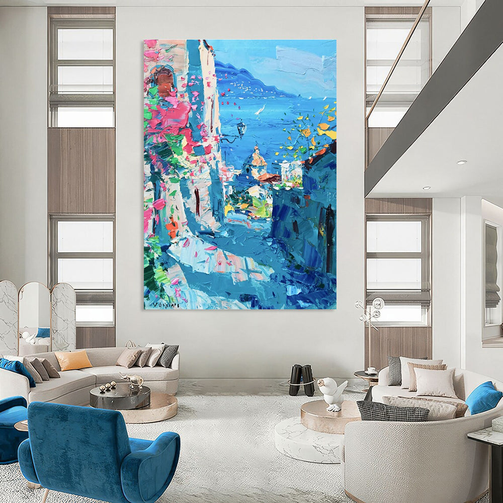 Coastal Town Abstract Painting with Blue and Pink Hues ADGE530