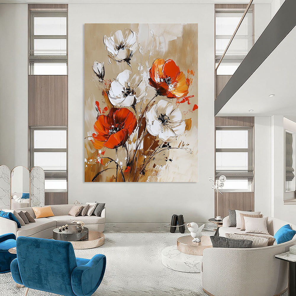 Large abstract painting featuring vibrant white orange and red flowers on a beige background with dynamic brushstrokes.STSC1127