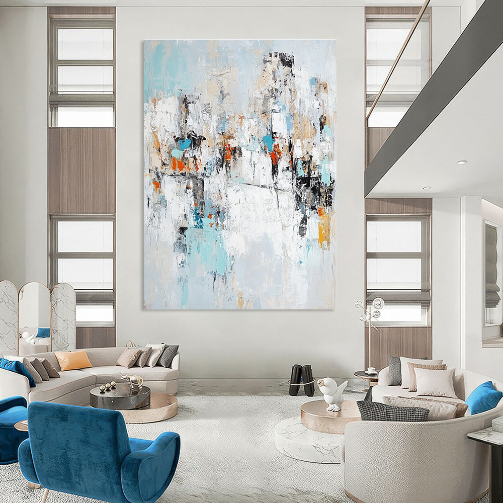 Large abstract painting in light blue white and gray showcasing urban shapes symbolizing diversity creativity and hope.STSC768