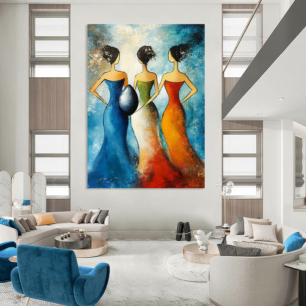 Abstract painting featuring three women in evening dresses holding a giant egg against a blue background with simple lines and minimal colors.STSC1444