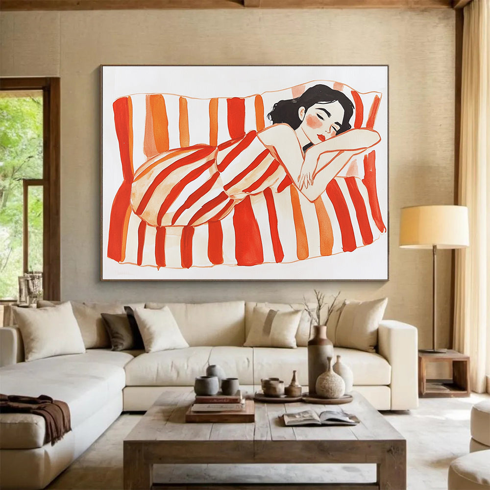 An abstract gouache illustration features a woman on a striped couch with bright red and orange stripes against a white background.SC573