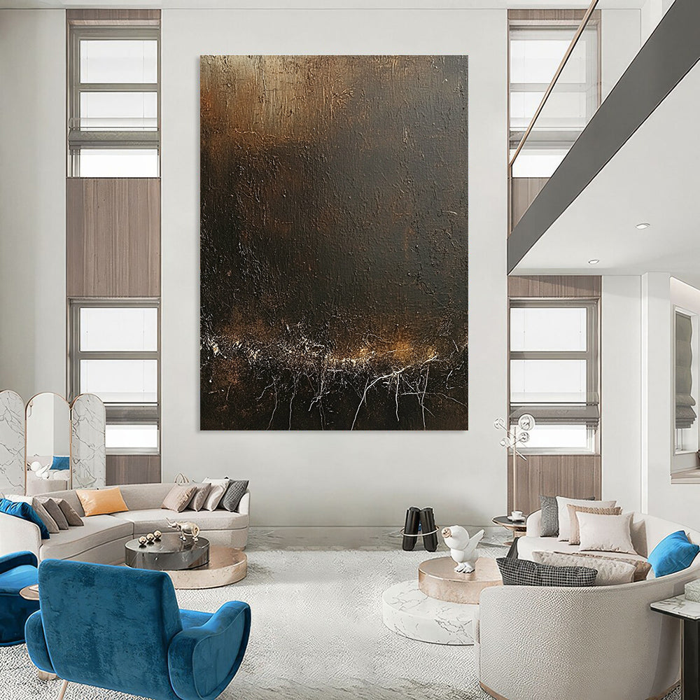 Large Abstract Artwork Featuring Dark Brown Canvas With Textured White Cracks And Soft Warm Lighting Perfect For Creating An Atmosphere Of Timeless Mystery.STSC1429