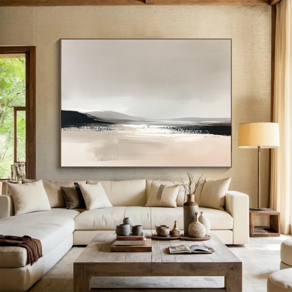 Monochromatic Minimalist Landscape Abstract Painting with Soft Neutrals DYP252