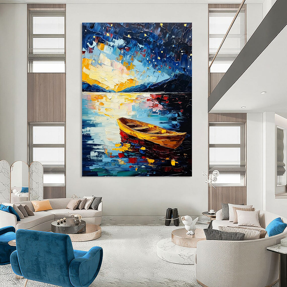 Large abstract painting of Lake Tahoe featuring a starry night sky colorful impasto brush strokes and a serene boat on the water.STSC877