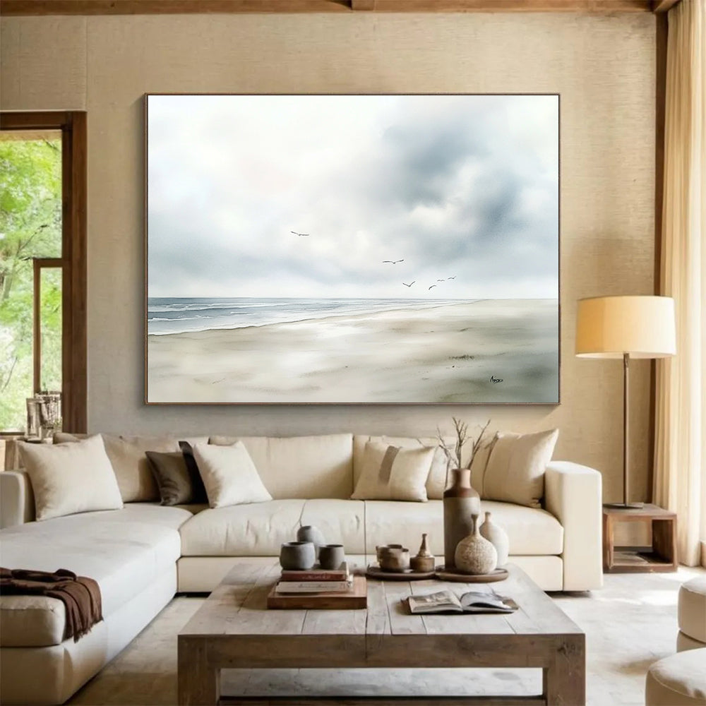 Seaside with Birds Watercolor Abstract Painting with Soft Blues and Grays DYP613