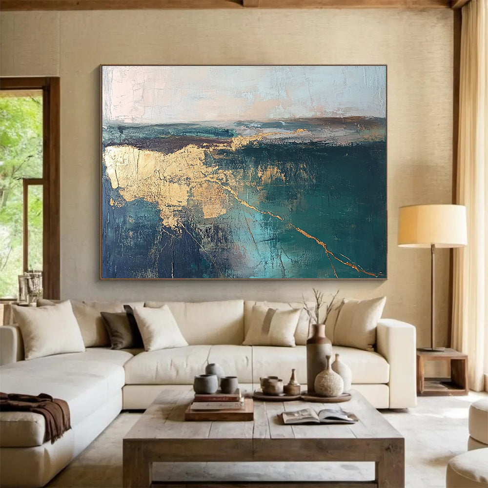 Large abstract painting featuring a green and blue lake landscape with golden cracks in neutral tones, perfect for modern decor.SC113