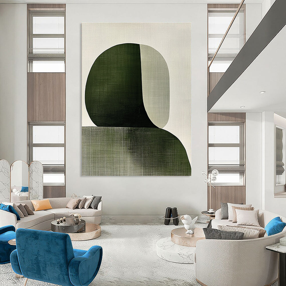 Abstract painting featuring overlapping shapes in sage green and white with visible brush strokes embodying the female form in a minimalist Japandi style.STSC1339
