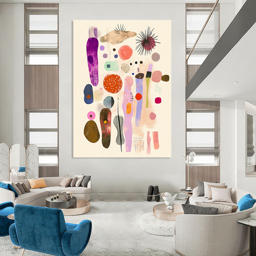 Large abstract collage featuring pastel fabrics ribbons and organic shapes designed for mid-century modern interiors. Whimsical yet sophisticated aesthetic.STSC1049