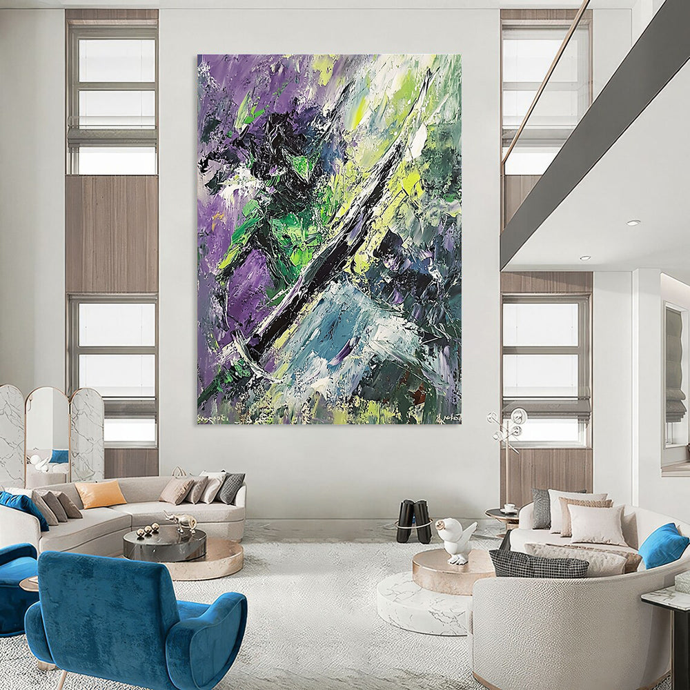 Large abstract painting of the Green Knight dynamic brushstrokes chaotic forms sword in hand surrounded by dark trees and rocks inspired by Expressionism.STSC881