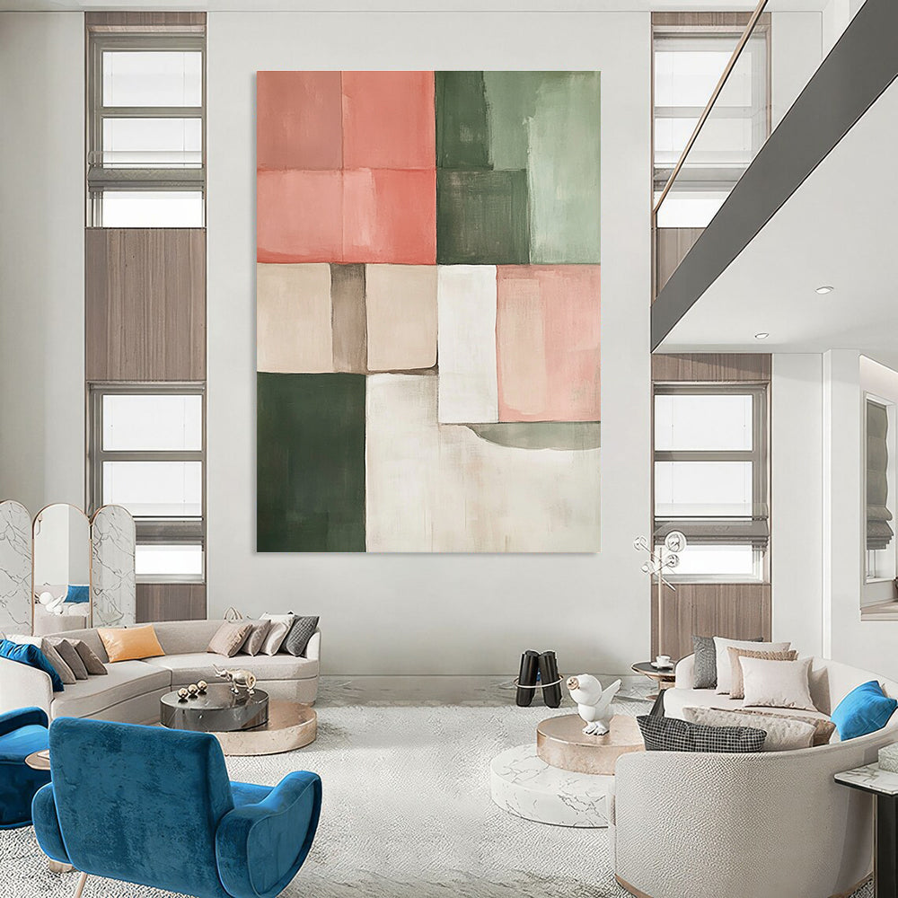 Large abstract painting in earthy tones of pink green and beige featuring geometric shapes perfect for modern decor.STSC243