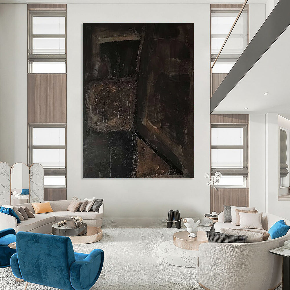 Dark Textured Patchwork Abstract Painting with Earthy Browns ADGE497