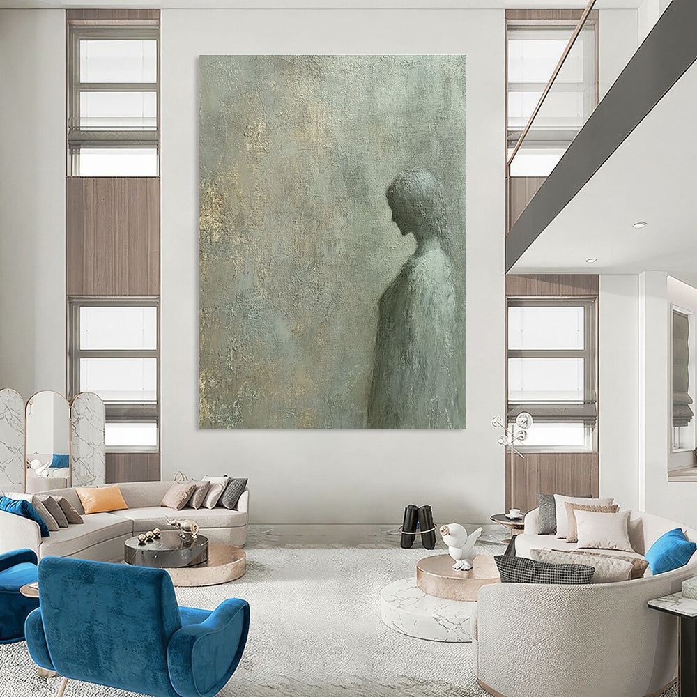 A large abstract painting featuring a flat gray wall texture with subtle noise and color variations in the style of oil painting by Leonardo da Vinci.STSC997