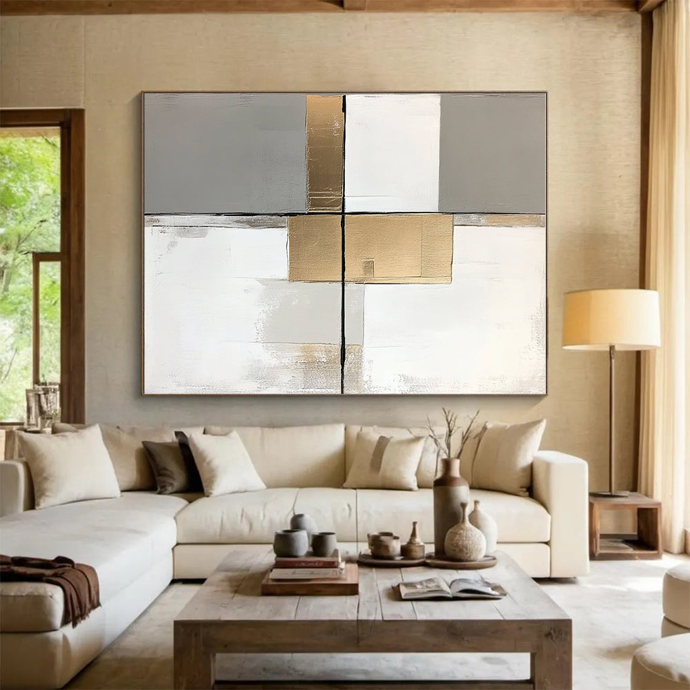 Gray Gold and White Abstract Painting with Minimalist Geometry GER649