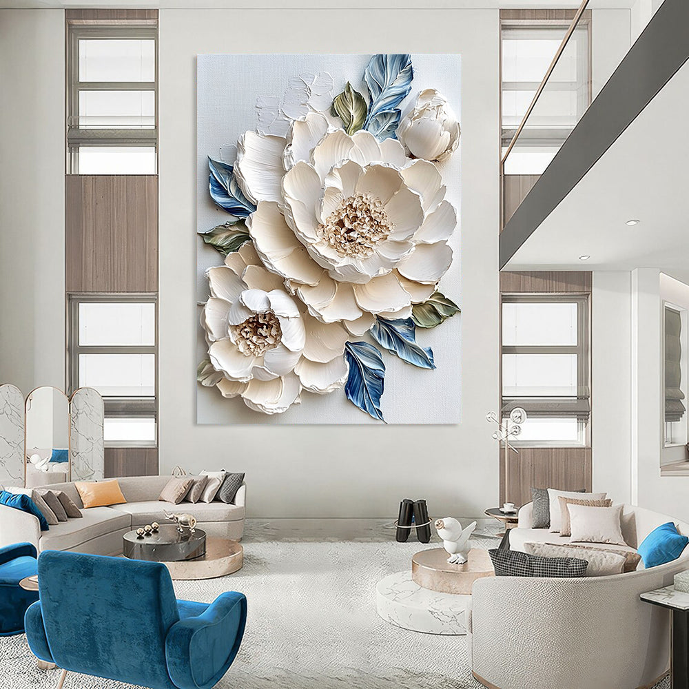 Large abstract painting of white peonies with impasto textures surrounded by blue and green leaves on a white background.STSC366