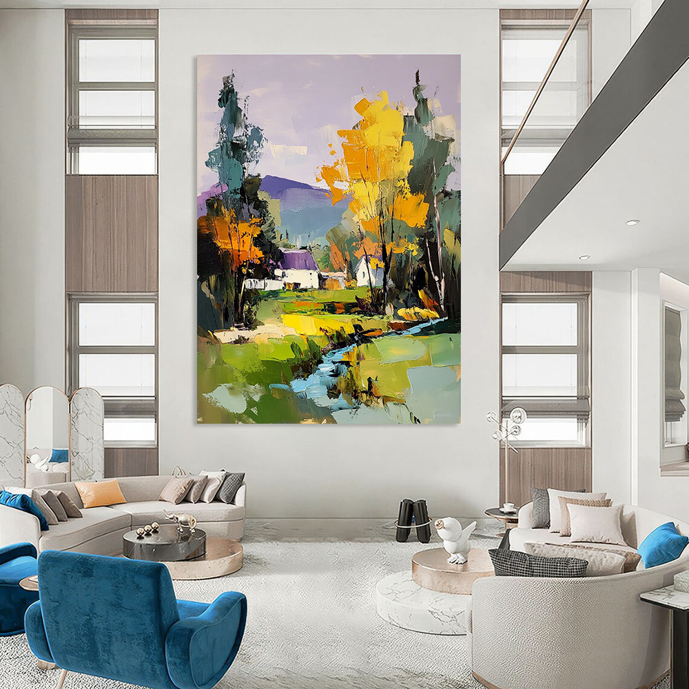 Large abstract painting featuring a river and trees with a house in the distance complemented by colorful brush strokes and a vibrant purple sky.STSC1308