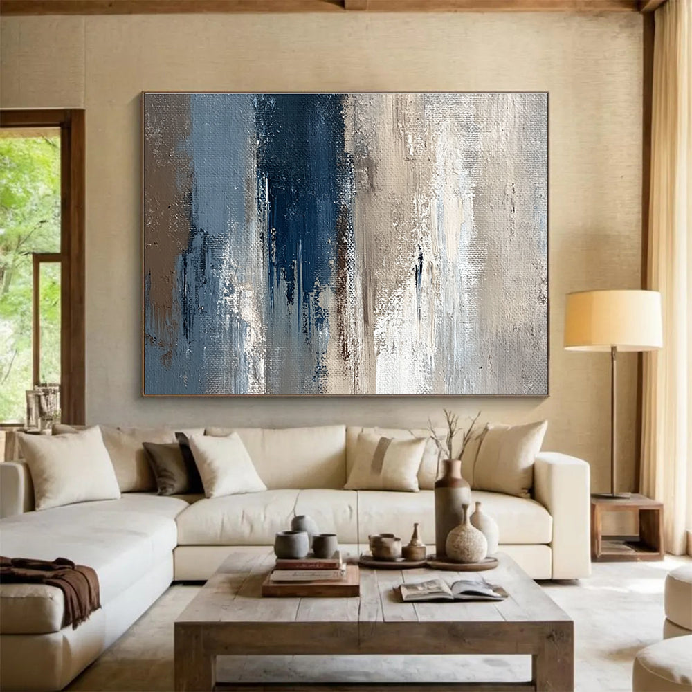 Blue and Beige Abstract Painting with Textured Layers DYP274