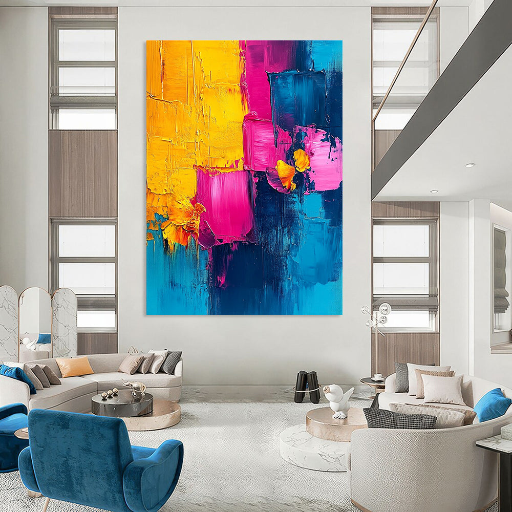 Vibrant abstract painting with pink blue yellow and teal using palette knife technique perfect for enhancing any space.STSC495