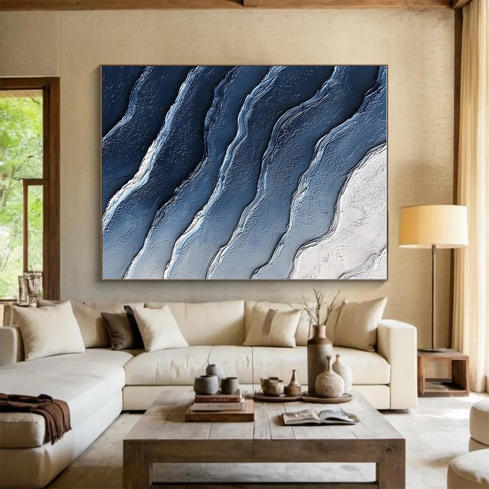 Blue and White Wave Abstract Painting with Textured Ridges GER072
