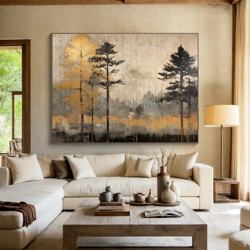 Golden Tree and Neutral Toned Forest Abstract Painting THY105