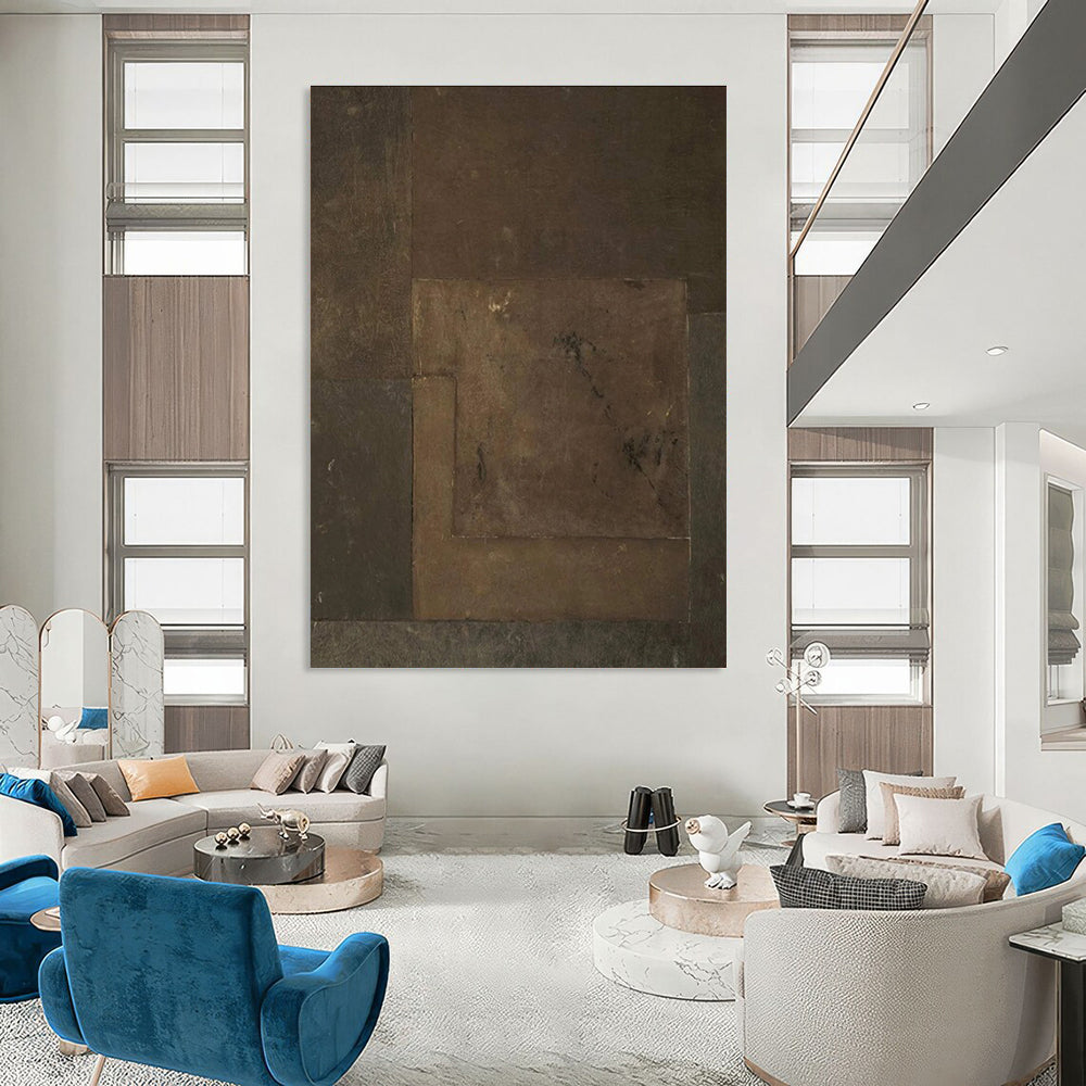 Brown Patchwork Abstract Painting with Textured Squares ADGE487