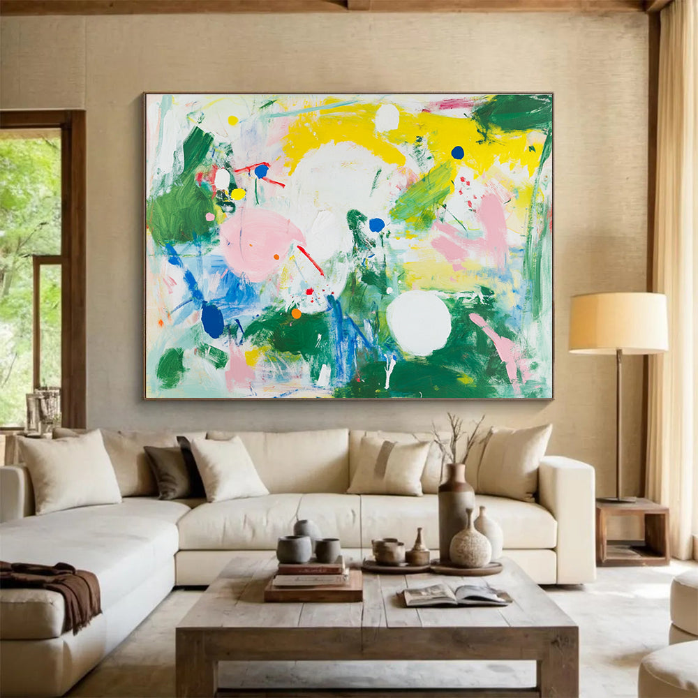 Colorful Abstract Painting with Dots and Shapes in Green Yellow Pink DYP390
