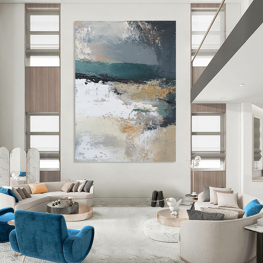 Large abstract painting featuring muted beige grey teal silver and green hues with white abstract shapes and textured layers depicting a serene landscape.STSC380
