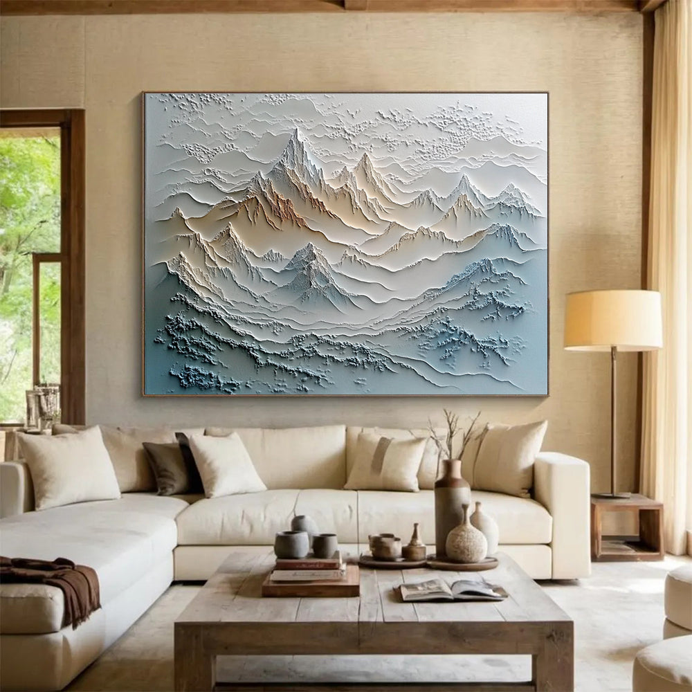 A large abstract painting featuring textured layers of mountains and rivers in vibrant colors, set against a misty, tranquil landscape.SC624