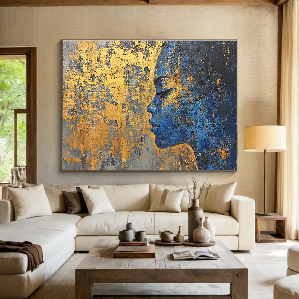 Large abstract painting of a golden city on textured canvas with a blue and gold palette featuring highlights of gold foil paint.SC171