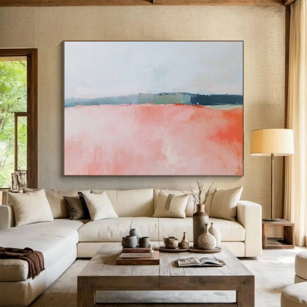 Large abstract painting featuring soft pink and coral fields, a muted sky, and gentle blue, green, and gray brushstrokes.SC055