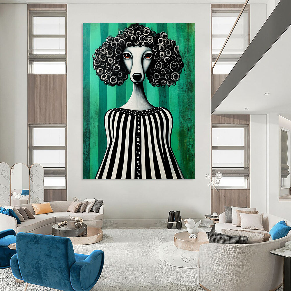 A whimsical folk art painting featuring a poodle in a black and white striped dress against a vibrant green background.STSC1001