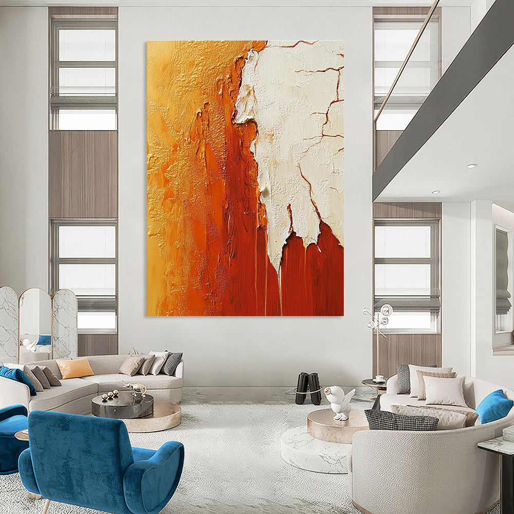 Large abstract painting featuring a red rock canyon in vibrant orange and white hues, showcasing intricate details and texture.STSC490