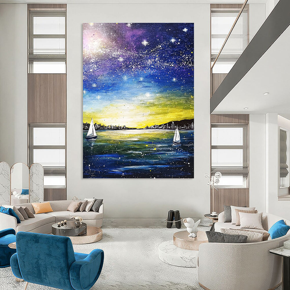 A large abstract painting featuring a blue sea and sky, white stars, sailboats, and a city silhouette using yellow, purple, green, and navy colors.STSC848