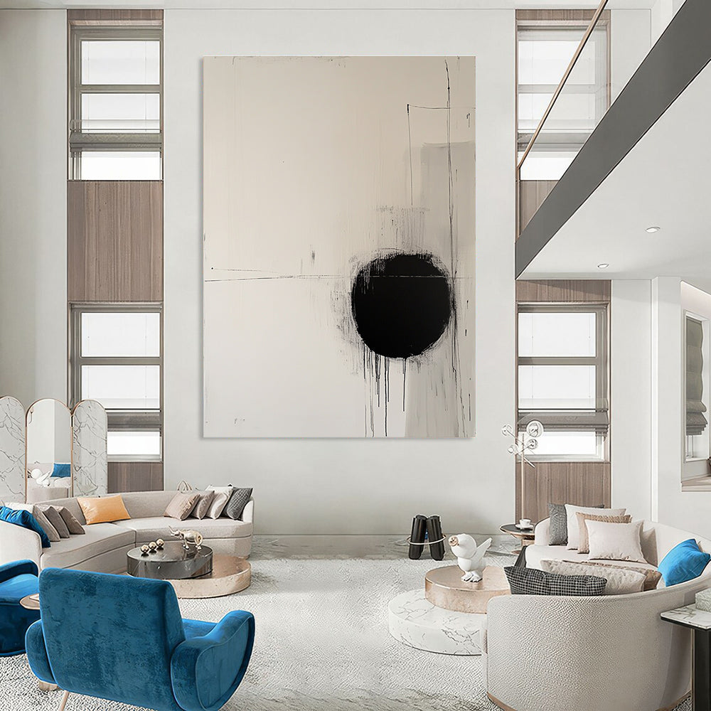 Large abstract painting featuring a round black circle on off-white canvas surrounded by delicate lines evoking movement and tranquility.STSC1067