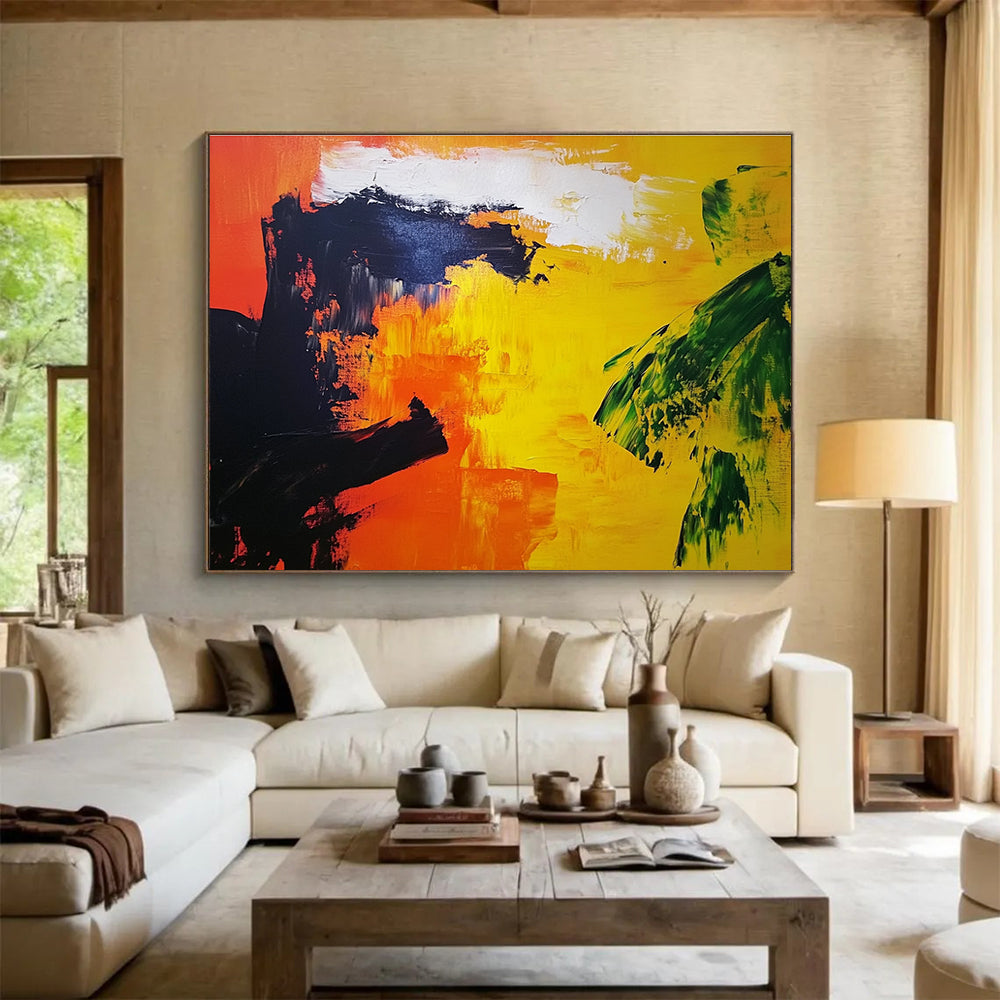 Abstract painting featuring vibrant orange and yellow landscape with bold black silhouettes and a touch of red in the corner, enhancing Expressionist style.SC166