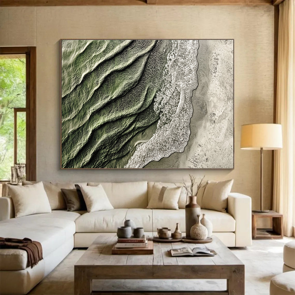 Aerial Beach View Abstract Painting with Green and White Tones DYP574