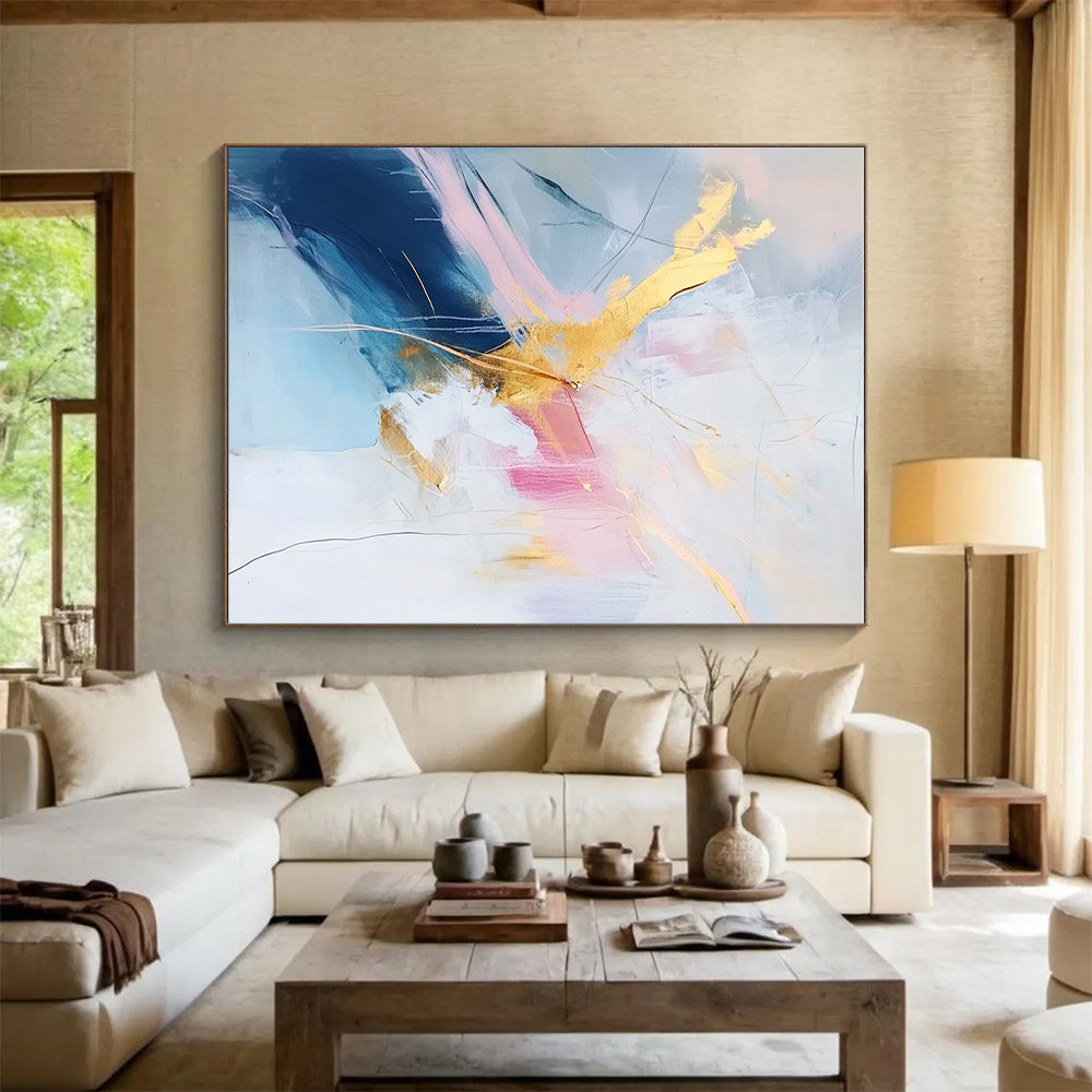 Pastel Gold Abstract Painting with Delicate Lines GER437