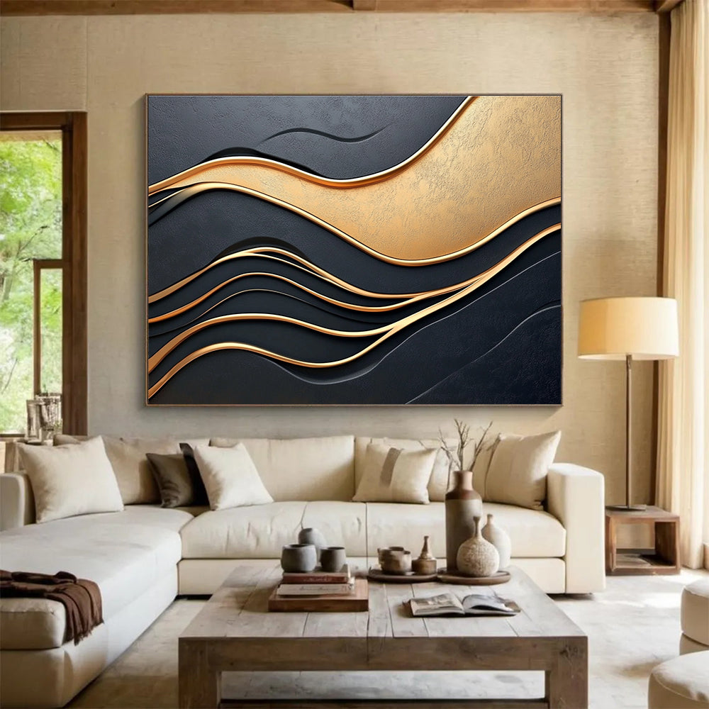 Black and Gold Waves Abstract Painting with 3D Effect DYP166