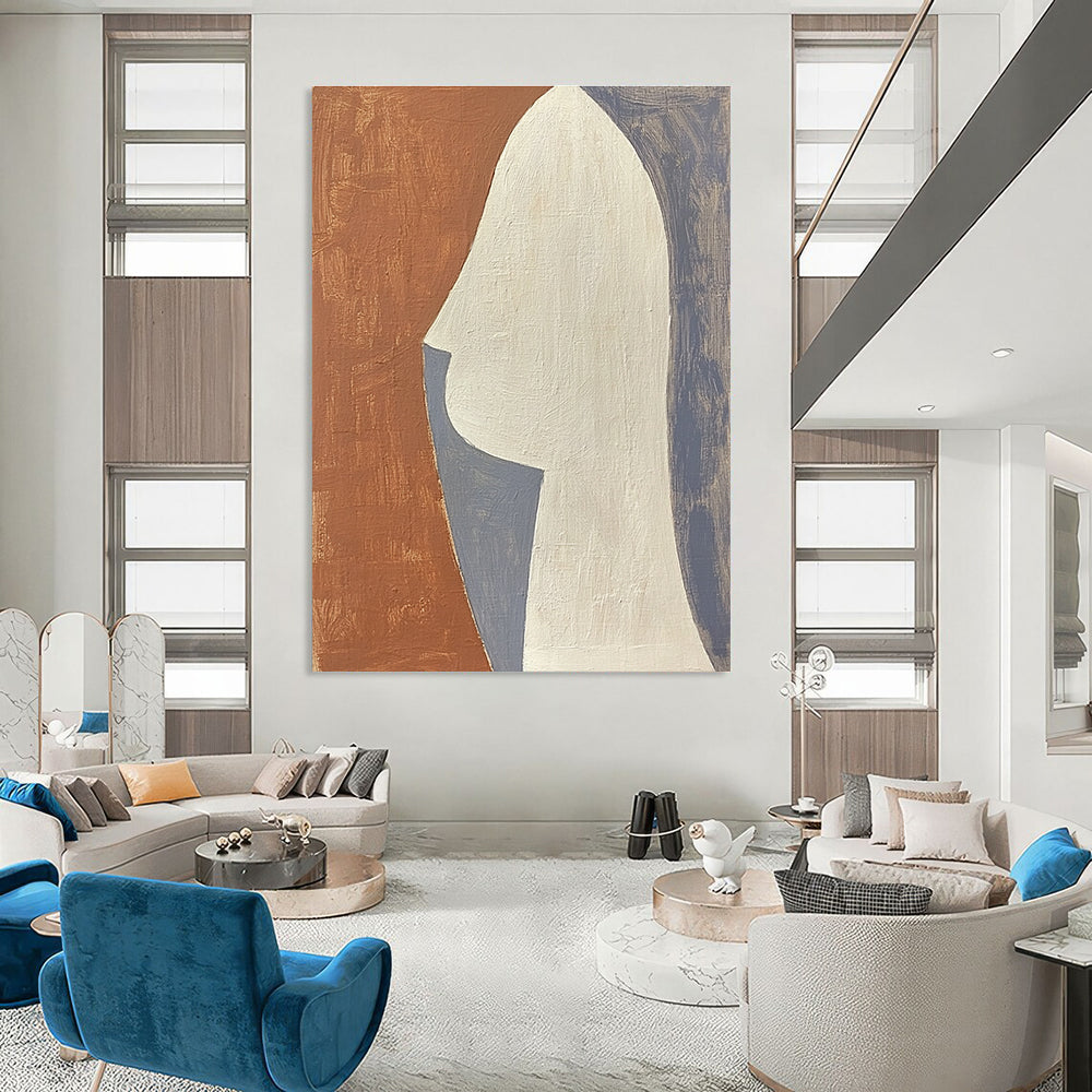 Large abstract painting featuring a profile design in terracotta white and grey composed of simple shapes.STSC1370