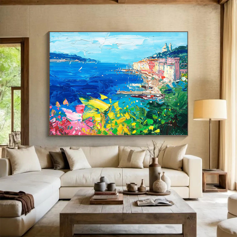 Blue Pink Yellow Coastal Harbor Abstract Painting THY486