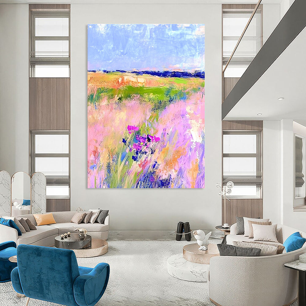 Large abstract painting in Matisse style with pastel hues vibrant colors and broad brushstrokes capturing the essence of springtime nature.STSC1018