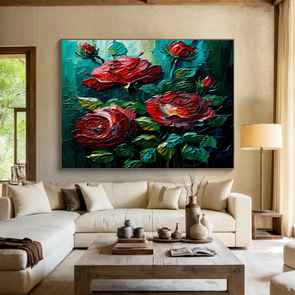 Red Rose Texture Abstract Painting with Deep Greens and Reds THY306
