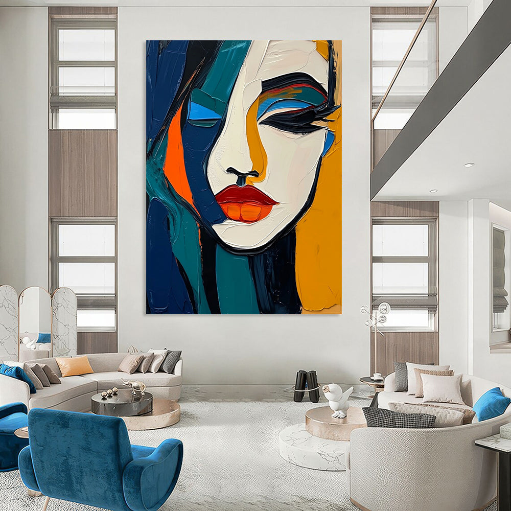 A large abstract painting with elegant features in vibrant colors merging with strong shadows bold lines and smooth textures.STSC1098