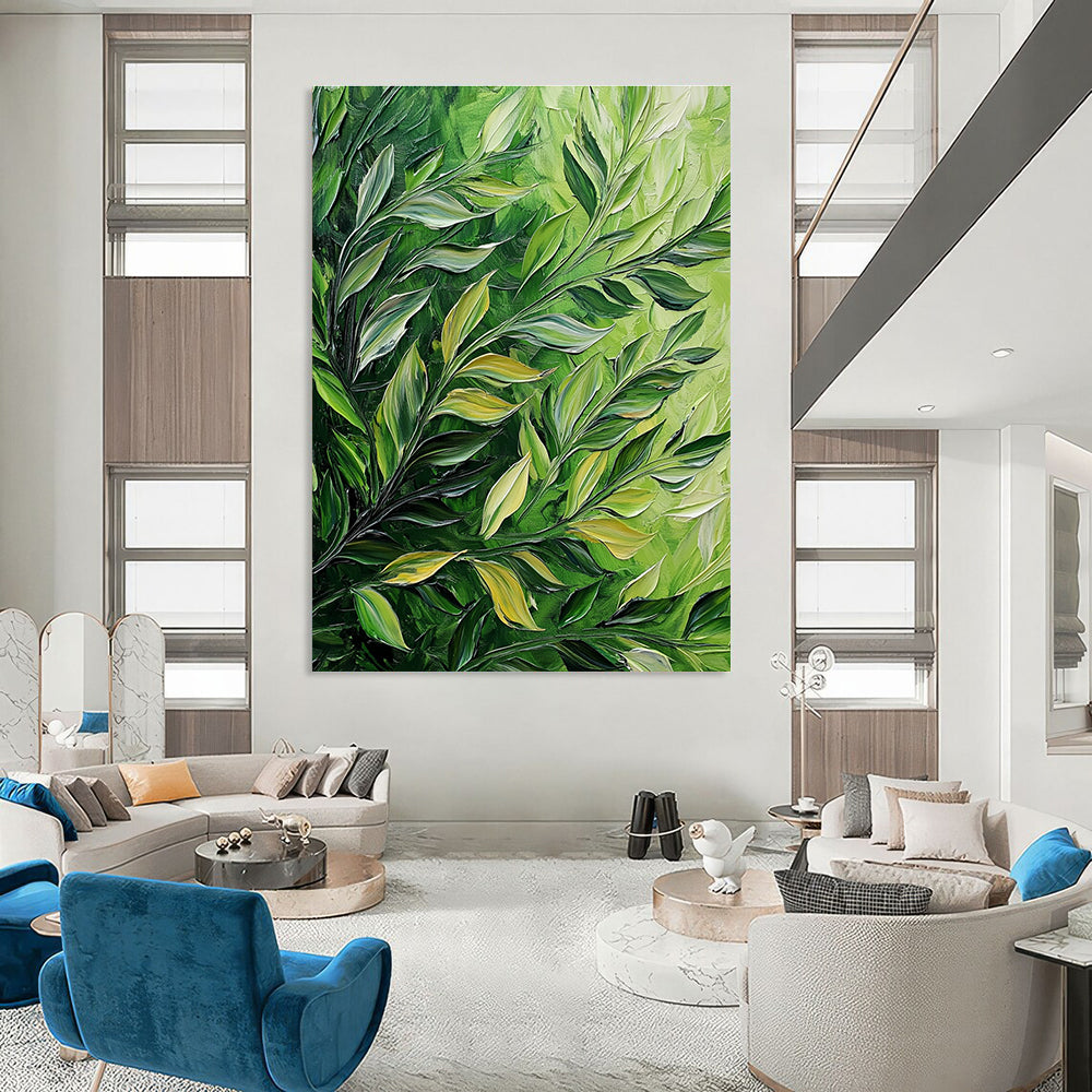 Huge abstract painting featuring thick brush strokes of green leaves on a dark background showcasing detailed foliage in acrylic and oil.STSC1130