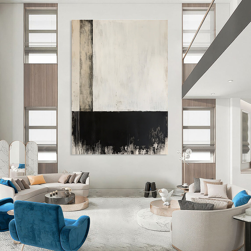 Large abstract painting in black and white features a single vertical line with gray and darker blocks below on an off-white background.STSC235