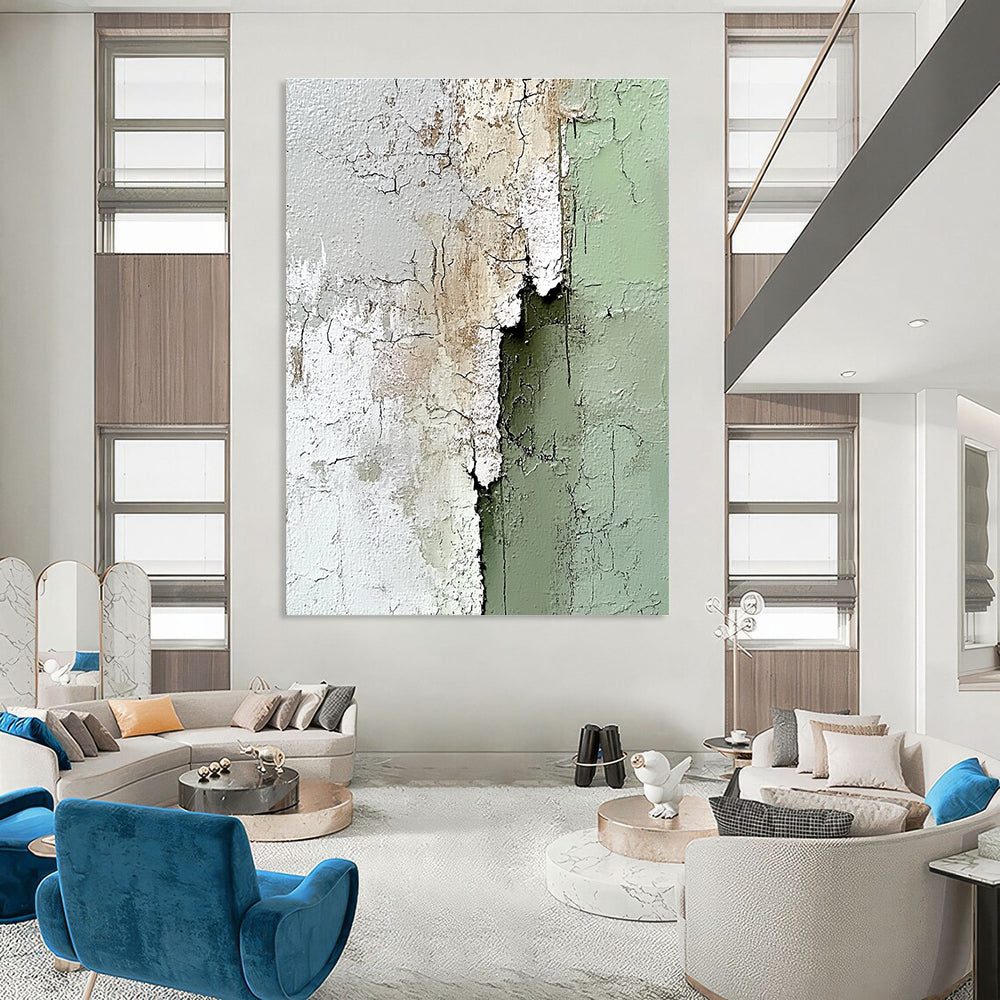 Large abstract painting with impasto texture in sage green and white showcasing peeling paint details for a unique artistic touch.STSC384