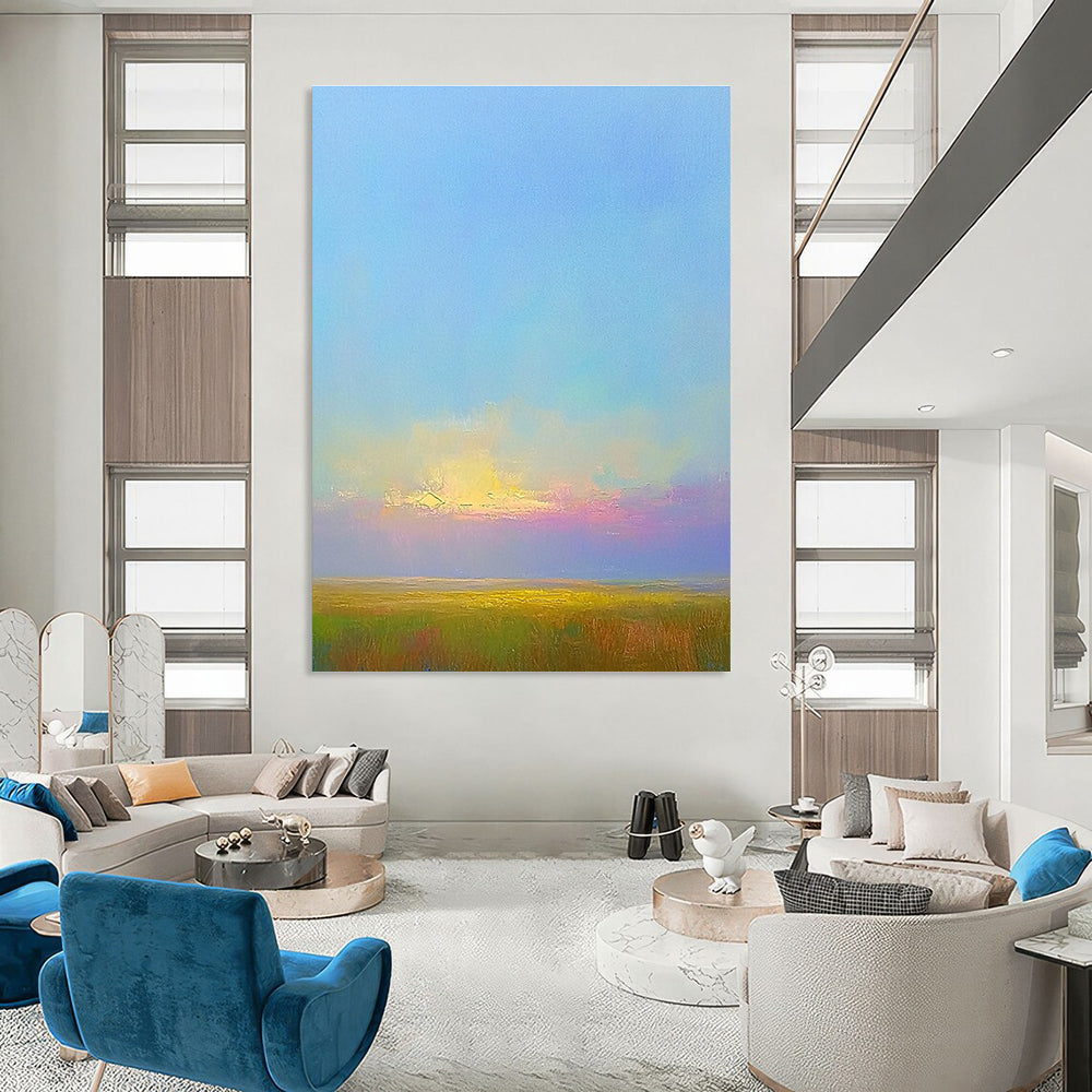 Large abstract painting featuring green fields under a soft blue sky with pink clouds highlighting Impressionist brushstrokes and serene natural beauty.STSC888