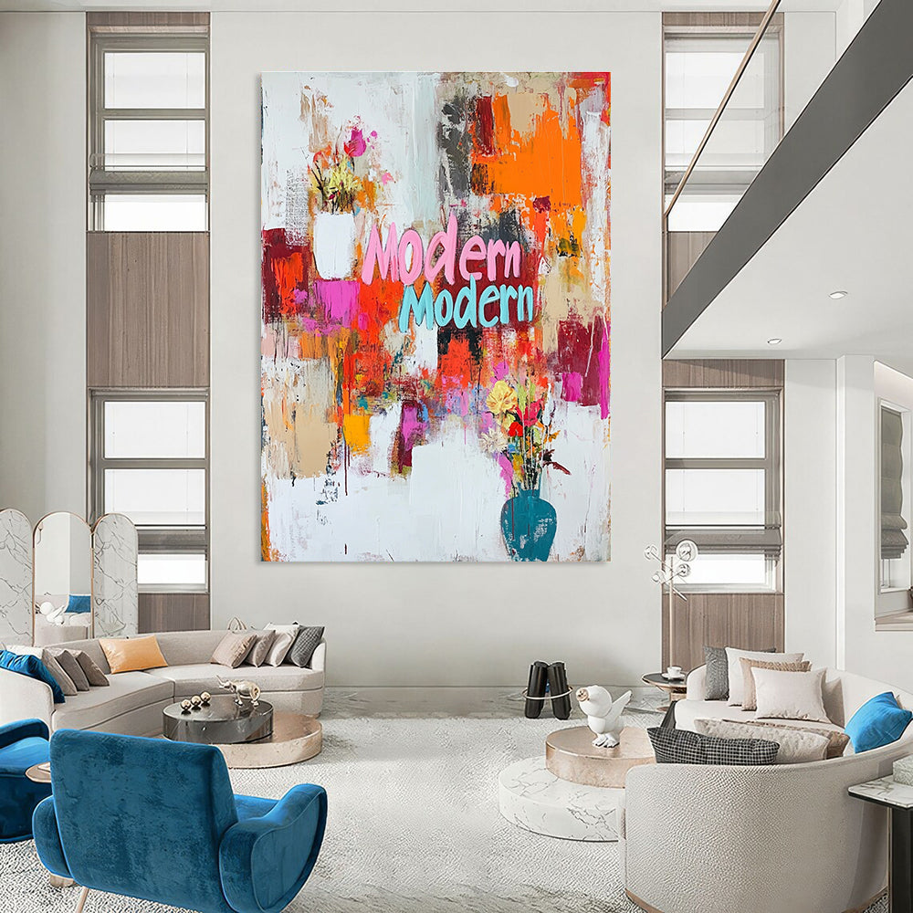 A large abstract painting featuring vibrant "Modern Modern" text in dynamic colors with energetic brush strokes and splashes creating a joyful composition.STSC1024