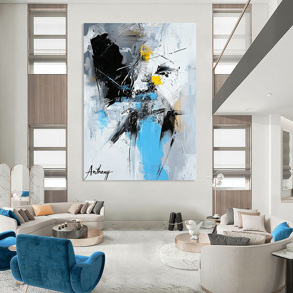 Large abstract painting featuring the name Anthony in vibrant colors with dynamic shapes and bold black brush strokes.STSC1275