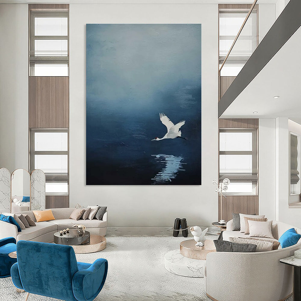 White Crane in Blue Sky Abstract Painting with Reflection ADGE510