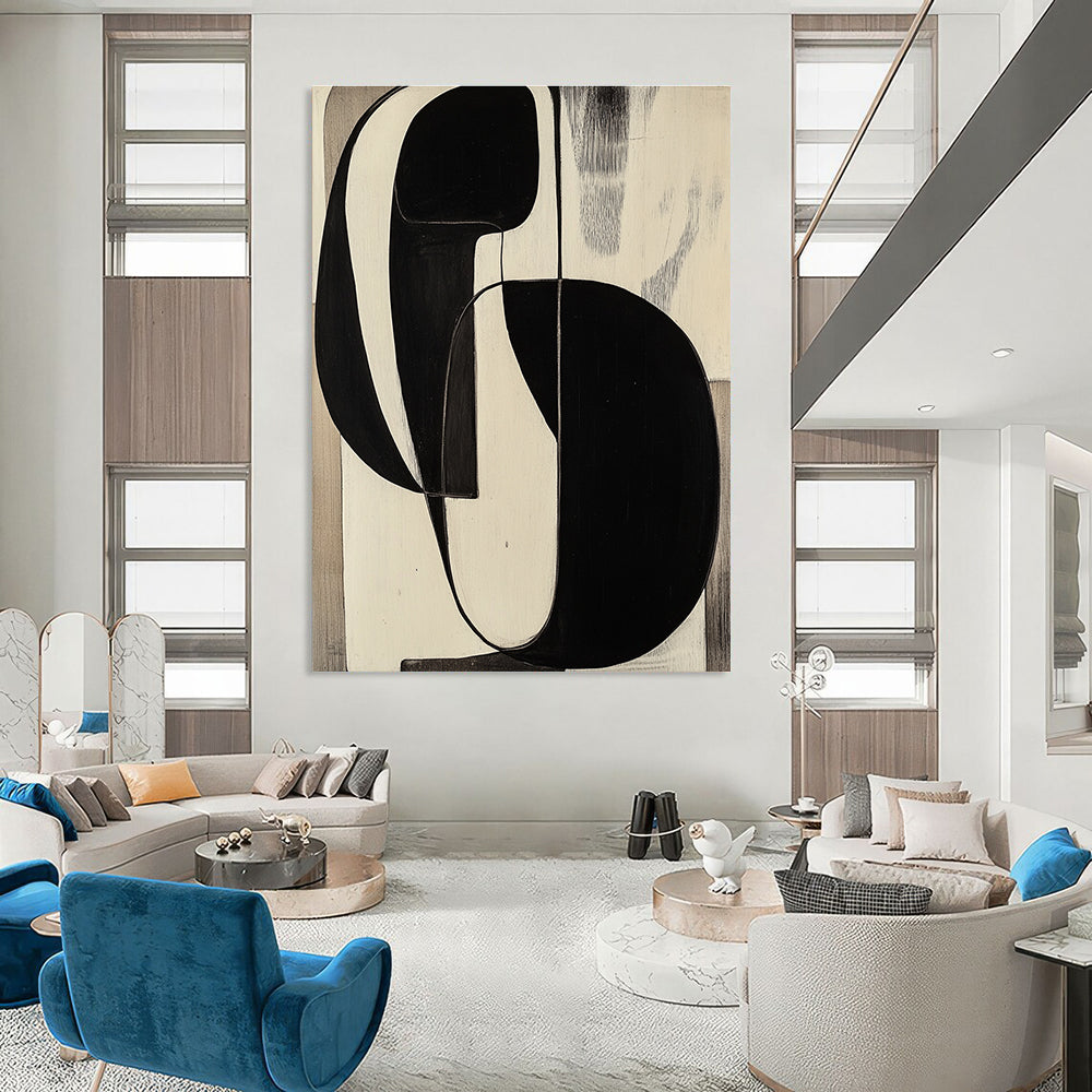 Large abstract painting reminiscent of Jean Arp featuring black and white shapes on a wood panel for a striking visual impact.STSC472